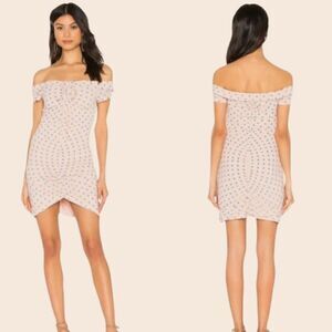 NBD Revolve Harper Pink & Blue Polka Dot Off The Shoulder Dress Size Medium